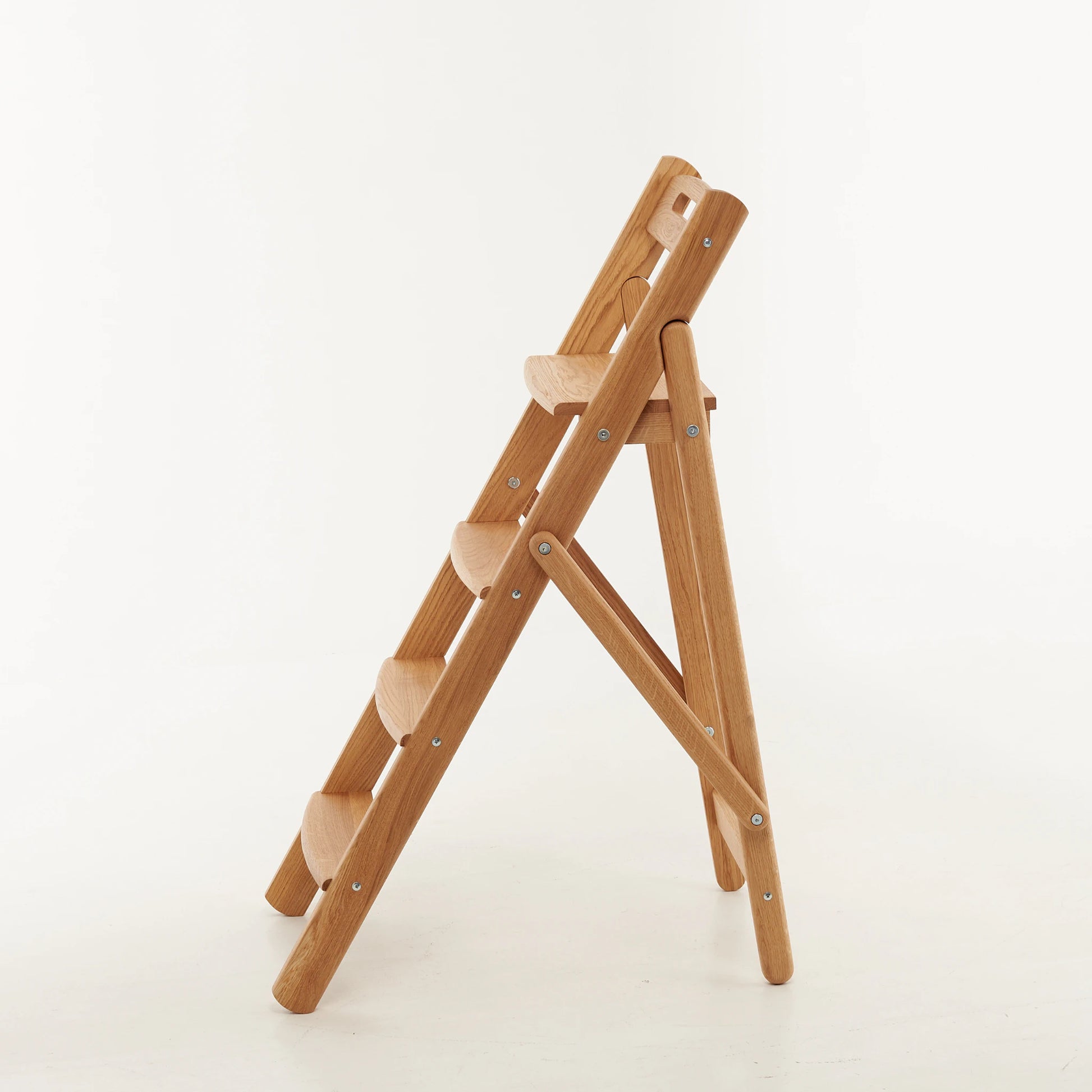Handmade solid oak step ladder fully unfolded – front view