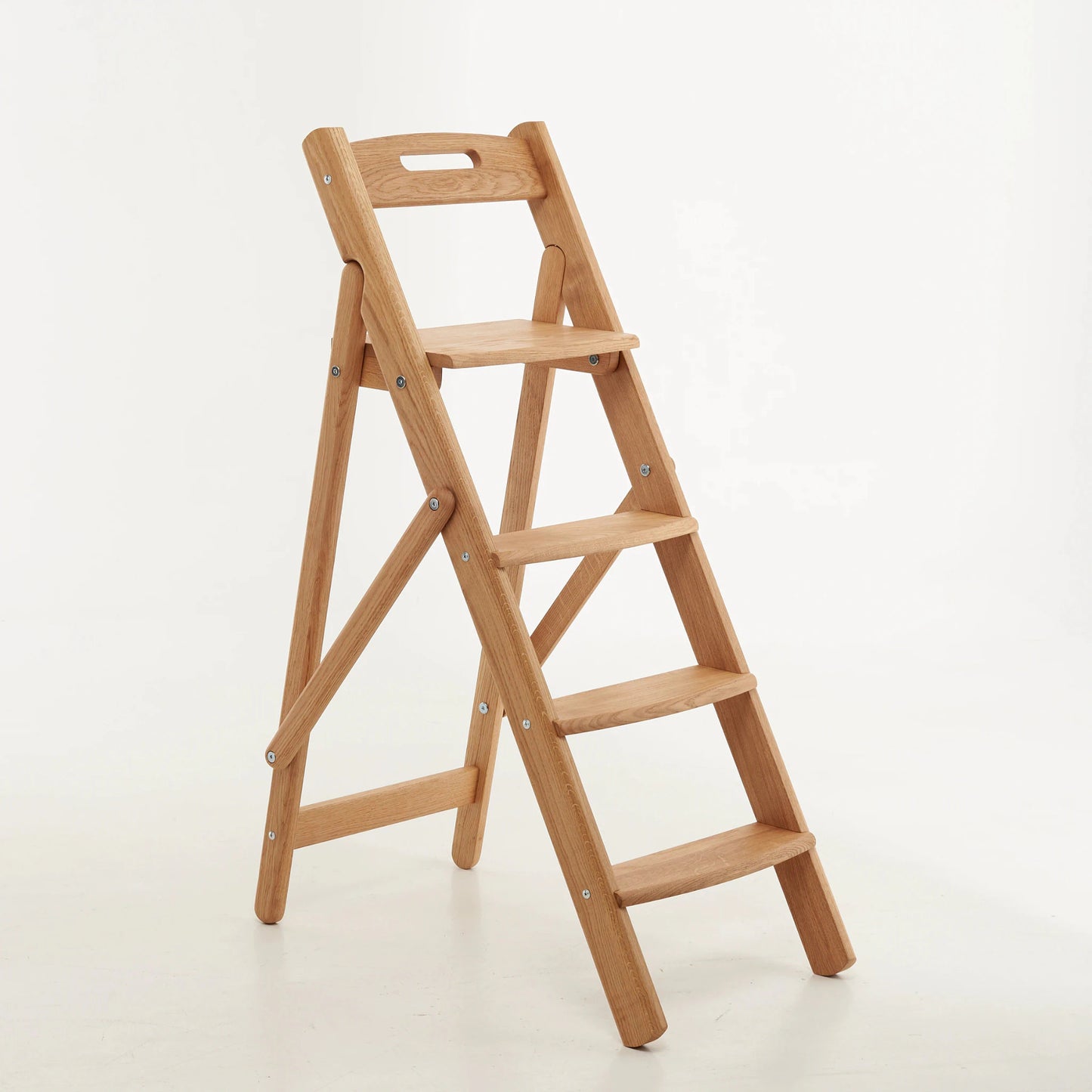 Handmade solid oak step ladder fully unfolded – front view