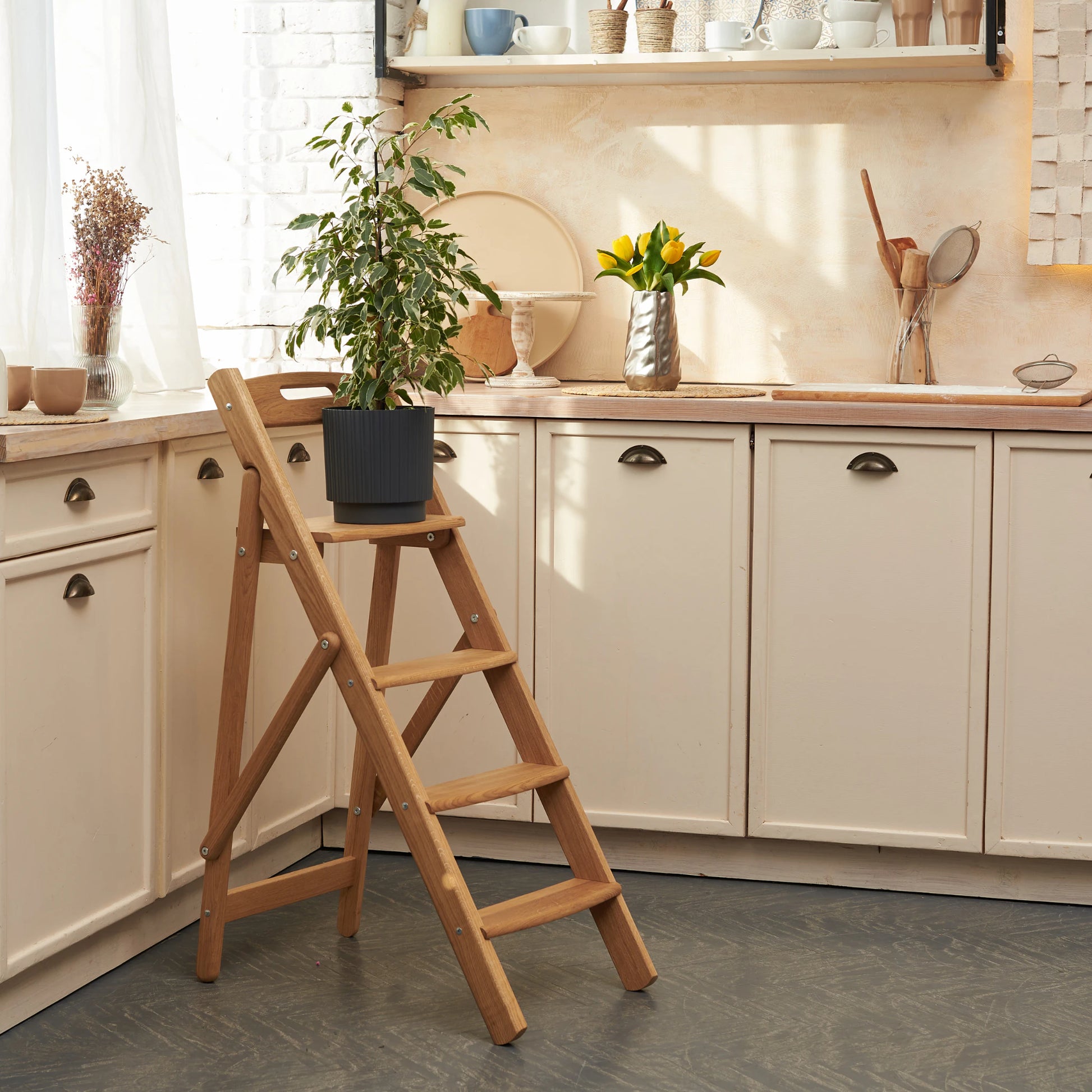 Oak ladder used as bookshelf or plant stand in living room