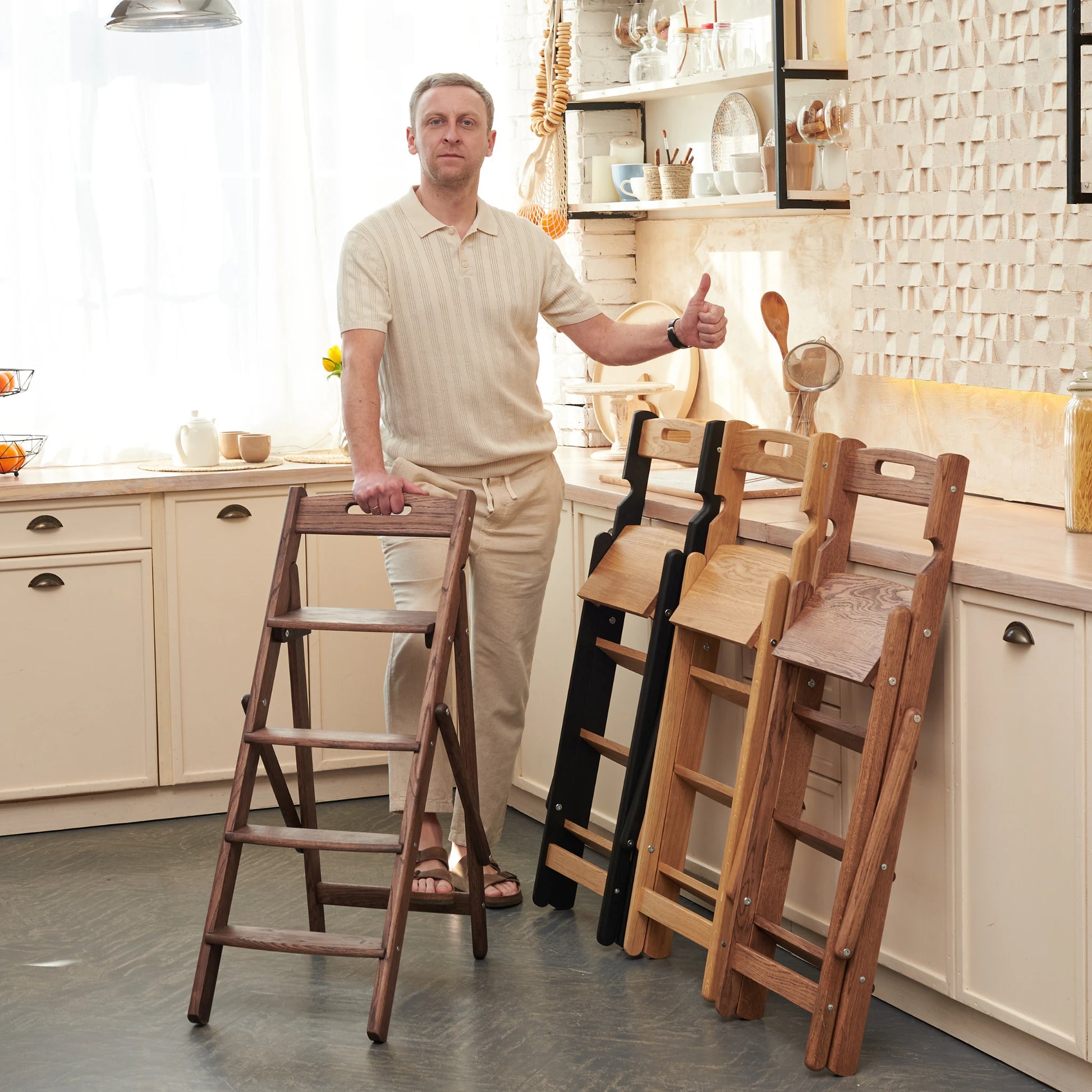 Solid wood oak step ladder in modern kitchen interior