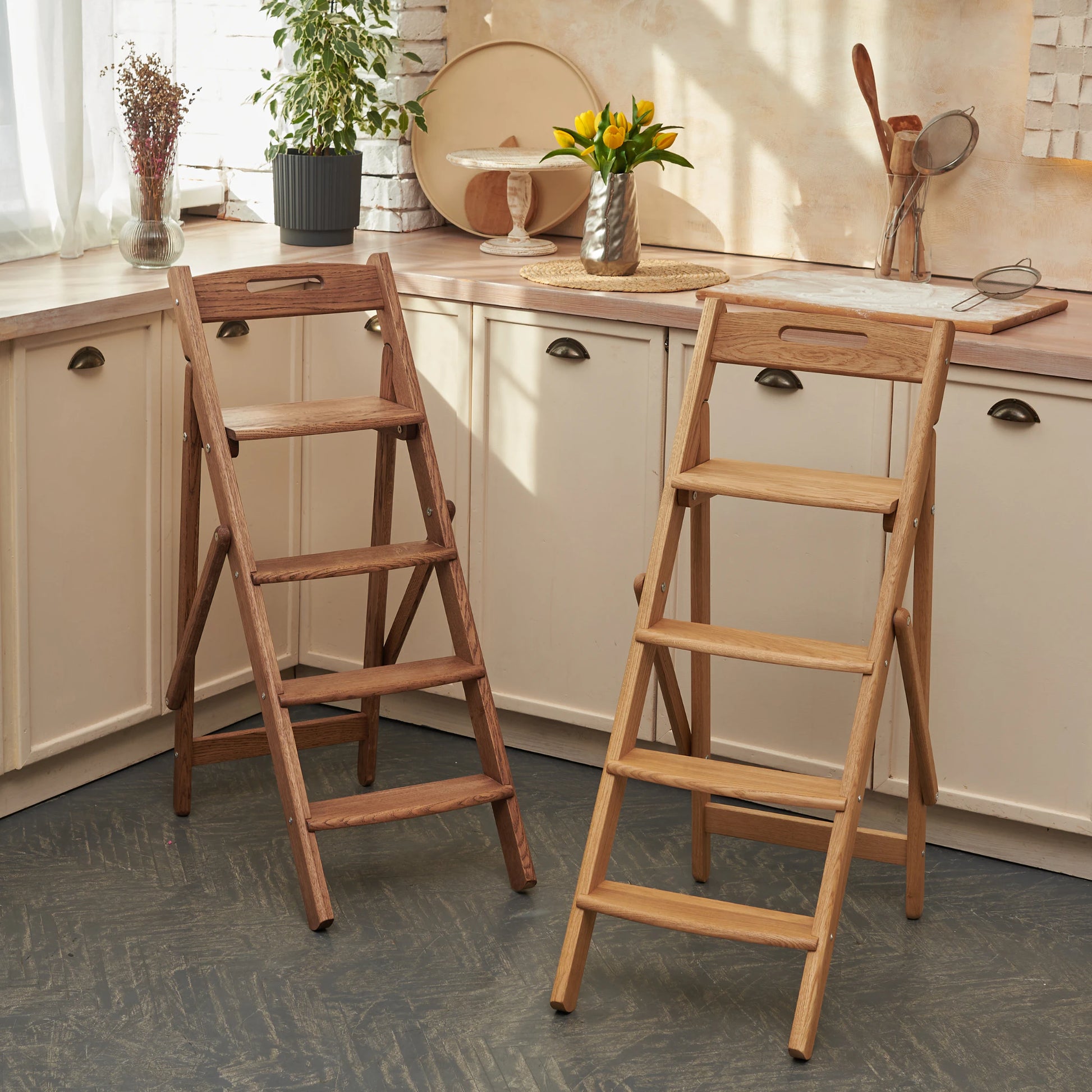 Solid wood oak step ladder in modern kitchen interior