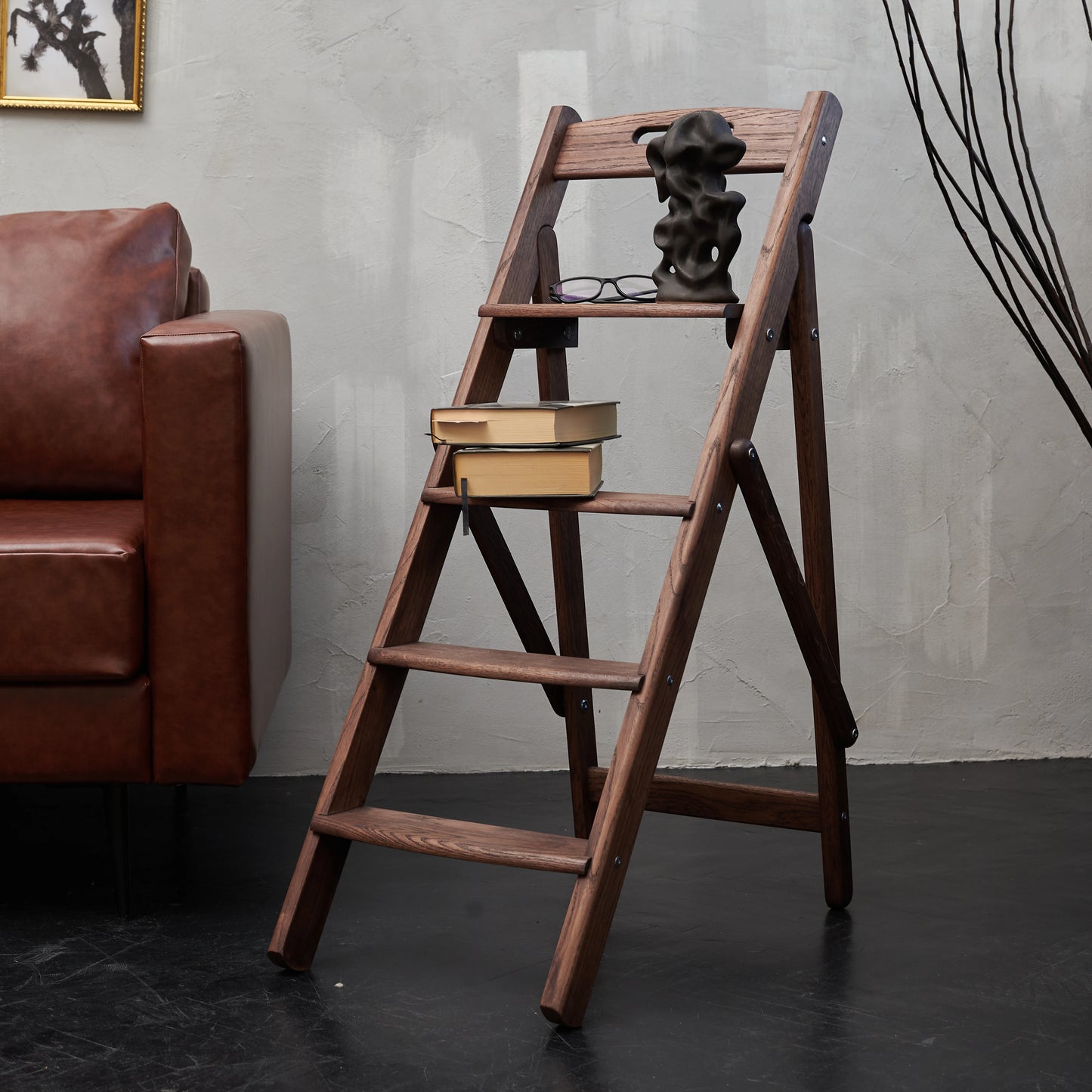 Foldable Wooden Ladder | Solid Oak Step Stool | Handmade | 110 cm(43in)Tall | Sturdy & Elegant Stepladder for Home