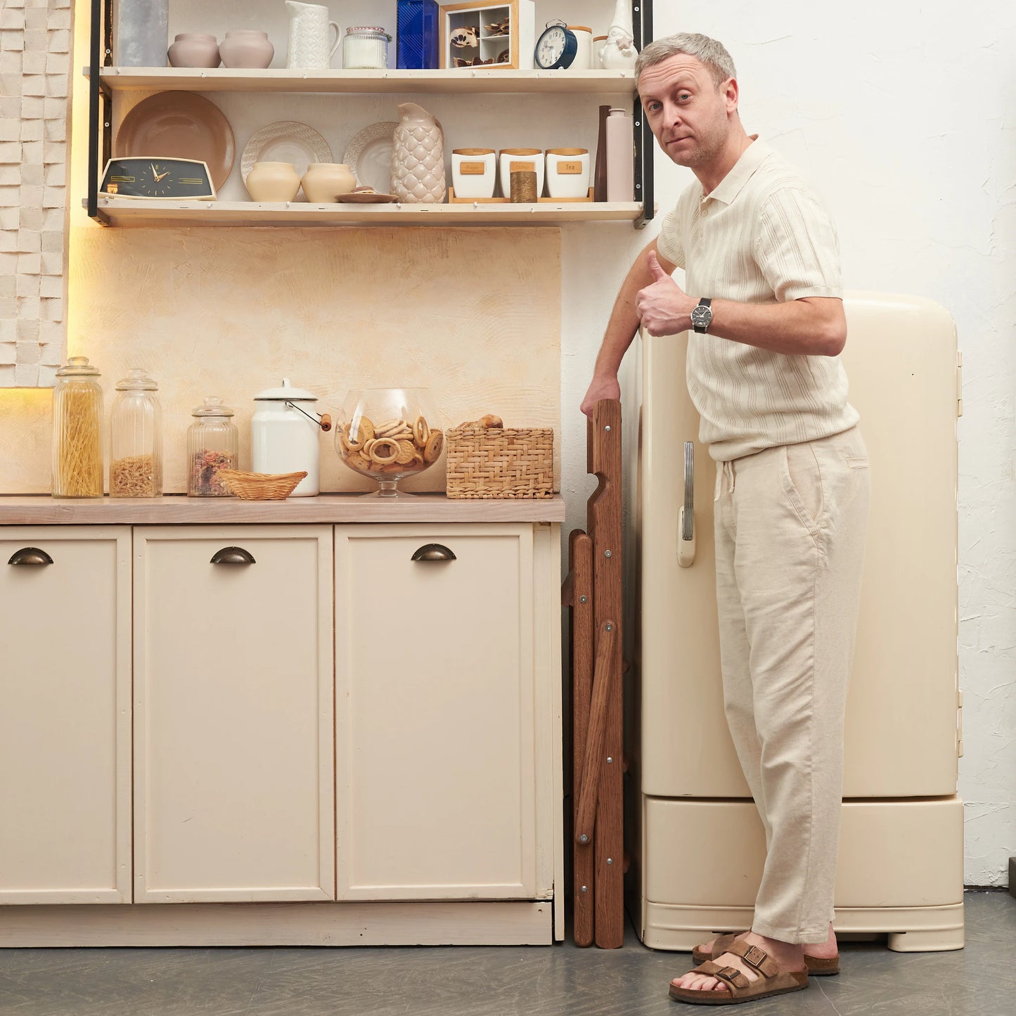 Folding oak step ladder in compact folded form